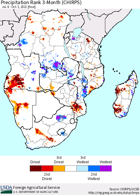 Southern Africa Precipitation Rank since 1981, 3-Month (CHIRPS) Thematic Map For 7/6/2021 - 10/5/2021