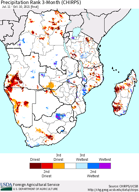 Southern Africa Precipitation Rank since 1981, 3-Month (CHIRPS) Thematic Map For 7/11/2021 - 10/10/2021