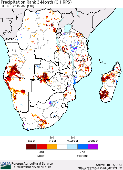 Southern Africa Precipitation Rank since 1981, 3-Month (CHIRPS) Thematic Map For 7/16/2021 - 10/15/2021