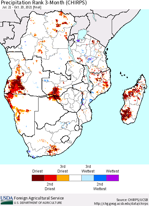 Southern Africa Precipitation Rank since 1981, 3-Month (CHIRPS) Thematic Map For 7/21/2021 - 10/20/2021
