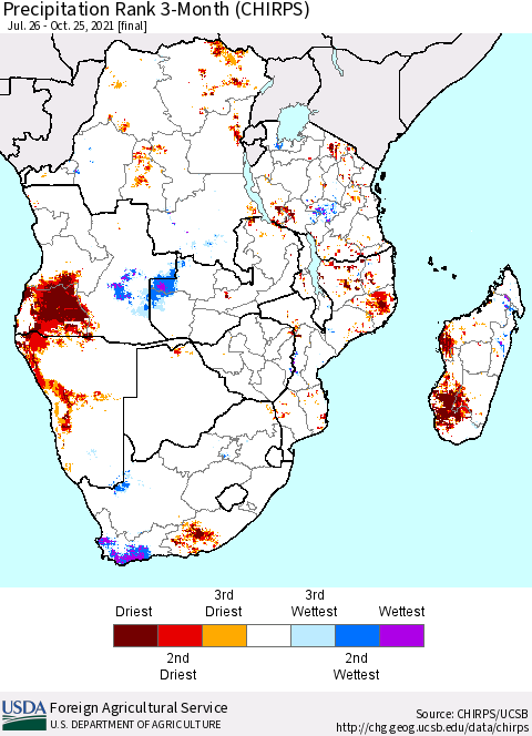 Southern Africa Precipitation Rank since 1981, 3-Month (CHIRPS) Thematic Map For 7/26/2021 - 10/25/2021