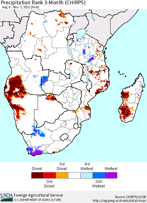 Southern Africa Precipitation Rank since 1981, 3-Month (CHIRPS) Thematic Map For 8/6/2021 - 11/5/2021