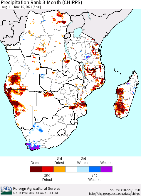 Southern Africa Precipitation Rank since 1981, 3-Month (CHIRPS) Thematic Map For 8/11/2021 - 11/10/2021