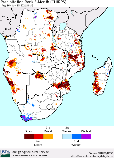 Southern Africa Precipitation Rank since 1981, 3-Month (CHIRPS) Thematic Map For 8/16/2021 - 11/15/2021