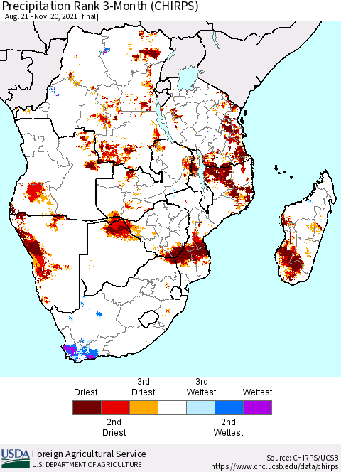 Southern Africa Precipitation Rank since 1981, 3-Month (CHIRPS) Thematic Map For 8/21/2021 - 11/20/2021