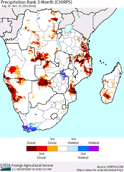 Southern Africa Precipitation Rank since 1981, 3-Month (CHIRPS) Thematic Map For 8/26/2021 - 11/25/2021