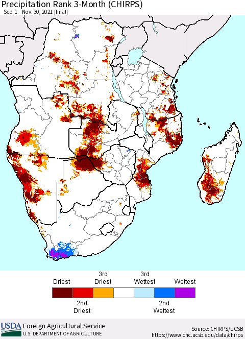 Southern Africa Precipitation Rank since 1981, 3-Month (CHIRPS) Thematic Map For 9/1/2021 - 11/30/2021