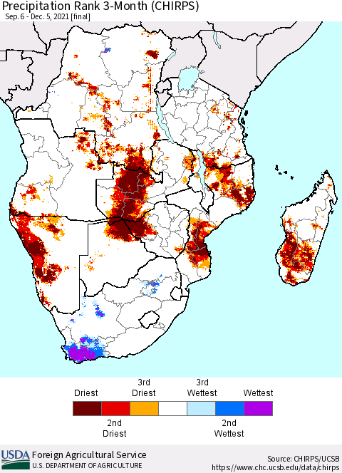 Southern Africa Precipitation Rank since 1981, 3-Month (CHIRPS) Thematic Map For 9/6/2021 - 12/5/2021