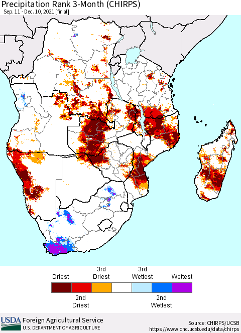 Southern Africa Precipitation Rank since 1981, 3-Month (CHIRPS) Thematic Map For 9/11/2021 - 12/10/2021