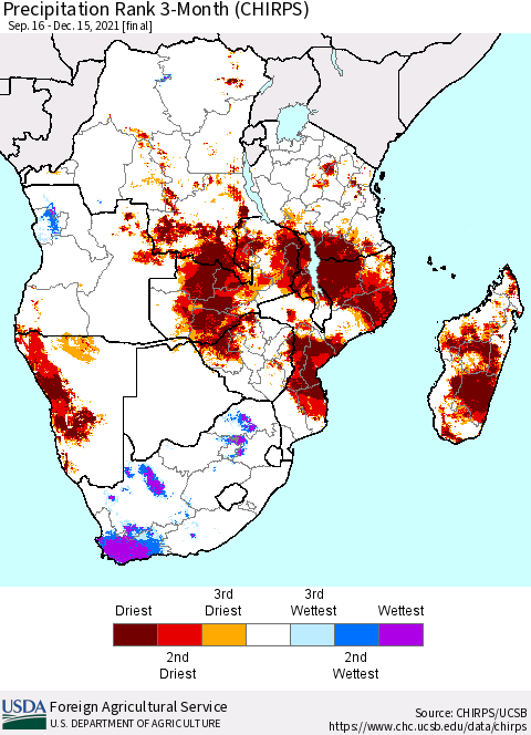 Southern Africa Precipitation Rank since 1981, 3-Month (CHIRPS) Thematic Map For 9/16/2021 - 12/15/2021