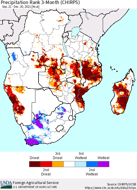 Southern Africa Precipitation Rank since 1981, 3-Month (CHIRPS) Thematic Map For 9/21/2021 - 12/20/2021