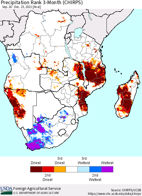 Southern Africa Precipitation Rank since 1981, 3-Month (CHIRPS) Thematic Map For 9/26/2021 - 12/25/2021