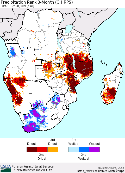 Southern Africa Precipitation Rank since 1981, 3-Month (CHIRPS) Thematic Map For 10/1/2021 - 12/31/2021