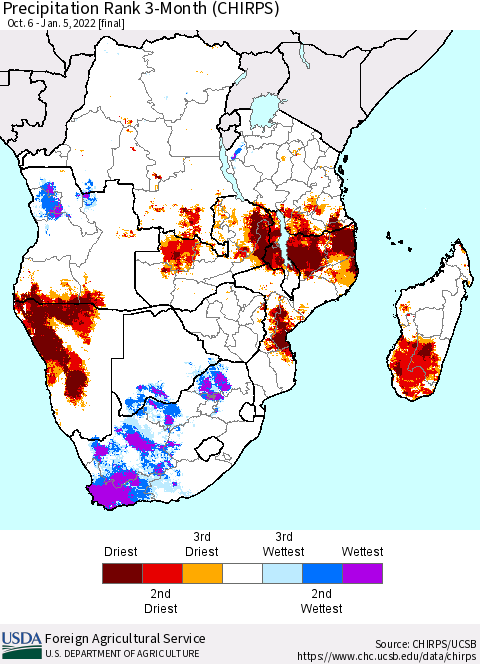 Southern Africa Precipitation Rank since 1981, 3-Month (CHIRPS) Thematic Map For 10/6/2021 - 1/5/2022