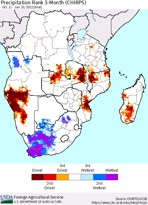 Southern Africa Precipitation Rank since 1981, 3-Month (CHIRPS) Thematic Map For 10/11/2021 - 1/10/2022