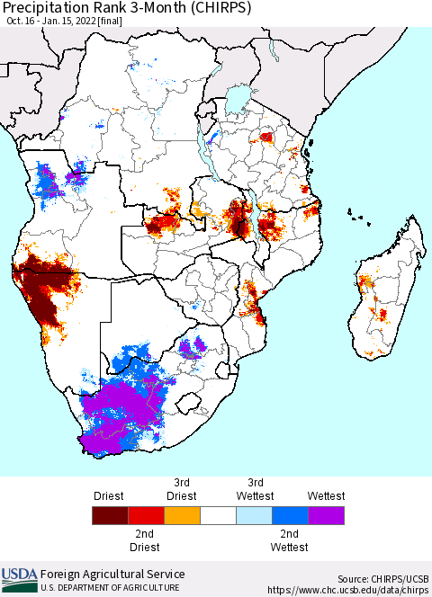 Southern Africa Precipitation Rank since 1981, 3-Month (CHIRPS) Thematic Map For 10/16/2021 - 1/15/2022