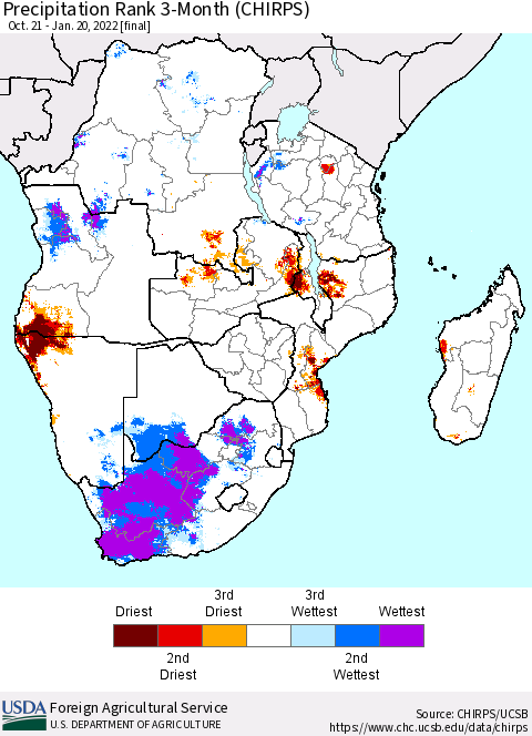 Southern Africa Precipitation Rank since 1981, 3-Month (CHIRPS) Thematic Map For 10/21/2021 - 1/20/2022