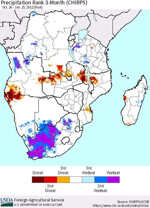 Southern Africa Precipitation Rank since 1981, 3-Month (CHIRPS) Thematic Map For 10/26/2021 - 1/25/2022