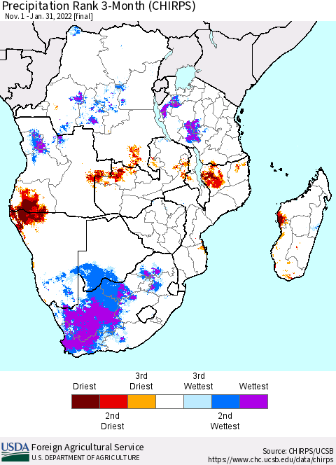 Southern Africa Precipitation Rank since 1981, 3-Month (CHIRPS) Thematic Map For 11/1/2021 - 1/31/2022
