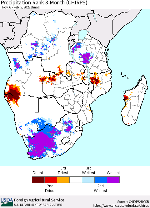 Southern Africa Precipitation Rank since 1981, 3-Month (CHIRPS) Thematic Map For 11/6/2021 - 2/5/2022