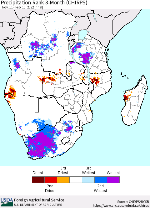 Southern Africa Precipitation Rank since 1981, 3-Month (CHIRPS) Thematic Map For 11/11/2021 - 2/10/2022