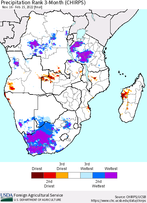 Southern Africa Precipitation Rank since 1981, 3-Month (CHIRPS) Thematic Map For 11/16/2021 - 2/15/2022