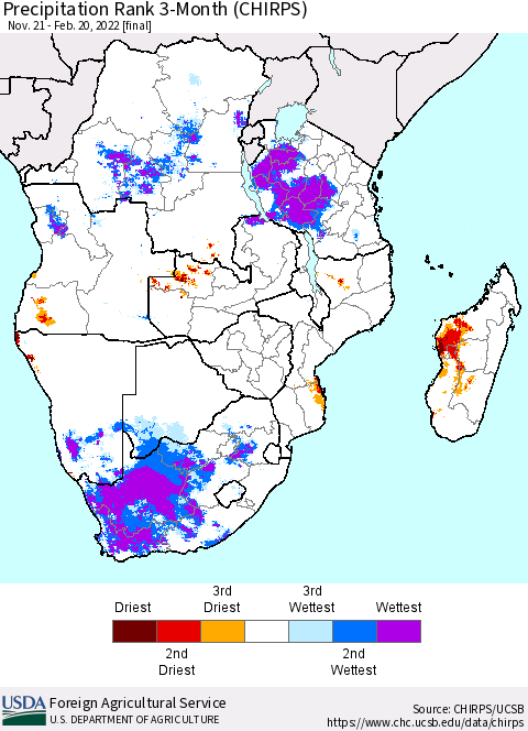 Southern Africa Precipitation Rank since 1981, 3-Month (CHIRPS) Thematic Map For 11/21/2021 - 2/20/2022