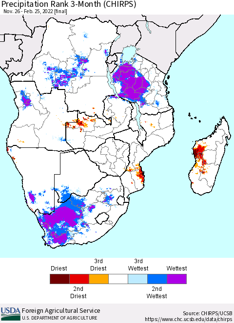 Southern Africa Precipitation Rank since 1981, 3-Month (CHIRPS) Thematic Map For 11/26/2021 - 2/25/2022
