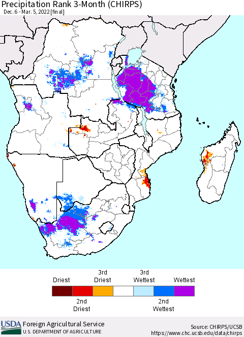 Southern Africa Precipitation Rank since 1981, 3-Month (CHIRPS) Thematic Map For 12/6/2021 - 3/5/2022