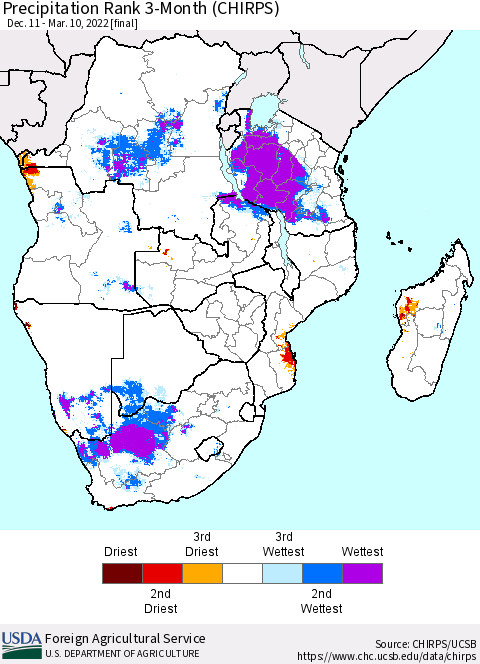 Southern Africa Precipitation Rank since 1981, 3-Month (CHIRPS) Thematic Map For 12/11/2021 - 3/10/2022