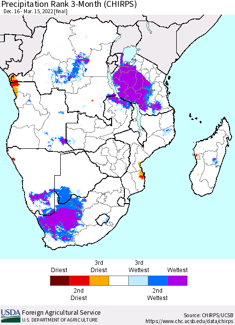 Southern Africa Precipitation Rank since 1981, 3-Month (CHIRPS) Thematic Map For 12/16/2021 - 3/15/2022