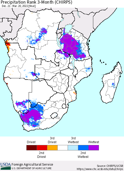 Southern Africa Precipitation Rank since 1981, 3-Month (CHIRPS) Thematic Map For 12/21/2021 - 3/20/2022