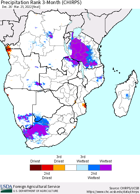 Southern Africa Precipitation Rank since 1981, 3-Month (CHIRPS) Thematic Map For 12/26/2021 - 3/25/2022