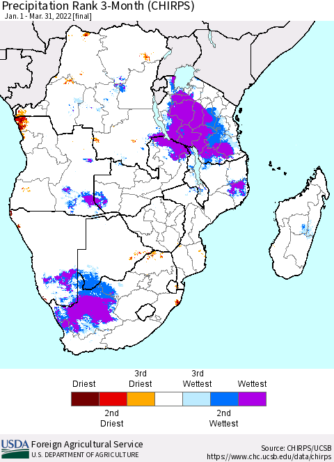 Southern Africa Precipitation Rank since 1981, 3-Month (CHIRPS) Thematic Map For 1/1/2022 - 3/31/2022