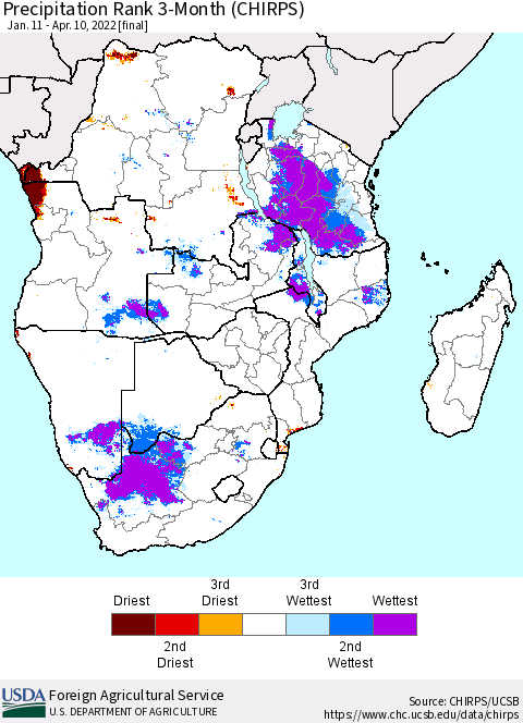 Southern Africa Precipitation Rank since 1981, 3-Month (CHIRPS) Thematic Map For 1/11/2022 - 4/10/2022