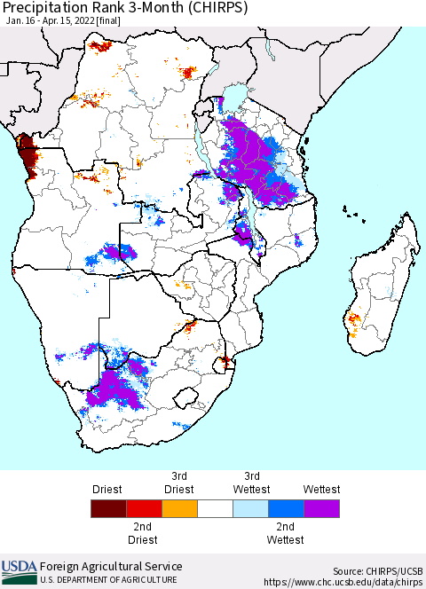 Southern Africa Precipitation Rank since 1981, 3-Month (CHIRPS) Thematic Map For 1/16/2022 - 4/15/2022