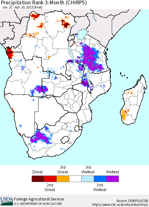 Southern Africa Precipitation Rank since 1981, 3-Month (CHIRPS) Thematic Map For 1/21/2022 - 4/20/2022