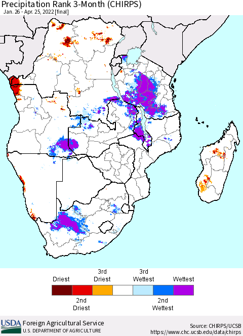 Southern Africa Precipitation Rank since 1981, 3-Month (CHIRPS) Thematic Map For 1/26/2022 - 4/25/2022