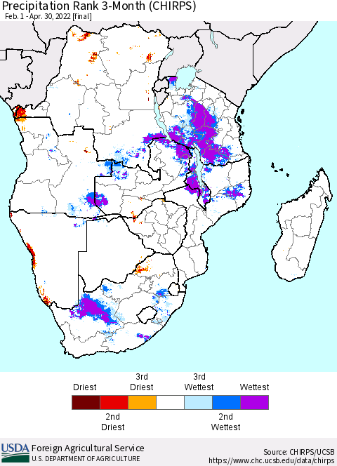 Southern Africa Precipitation Rank since 1981, 3-Month (CHIRPS) Thematic Map For 2/1/2022 - 4/30/2022