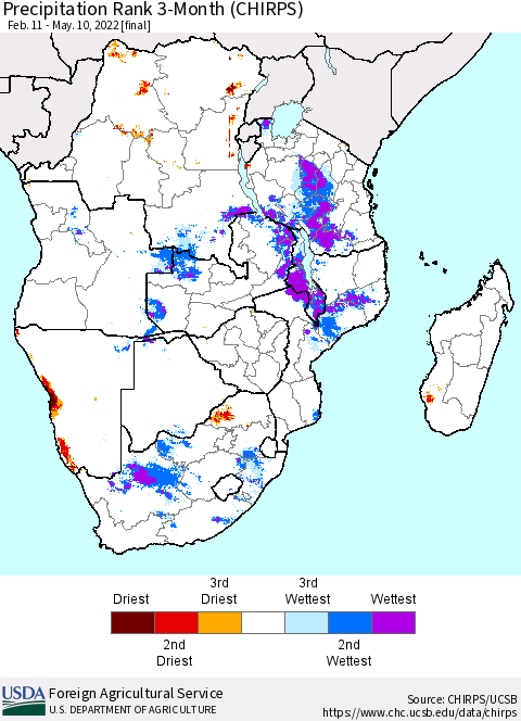 Southern Africa Precipitation Rank since 1981, 3-Month (CHIRPS) Thematic Map For 2/11/2022 - 5/10/2022