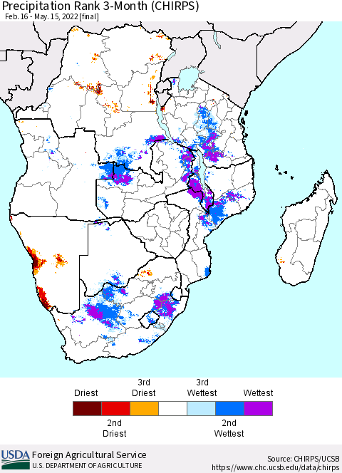 Southern Africa Precipitation Rank since 1981, 3-Month (CHIRPS) Thematic Map For 2/16/2022 - 5/15/2022