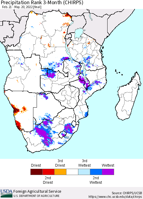 Southern Africa Precipitation Rank since 1981, 3-Month (CHIRPS) Thematic Map For 2/21/2022 - 5/20/2022