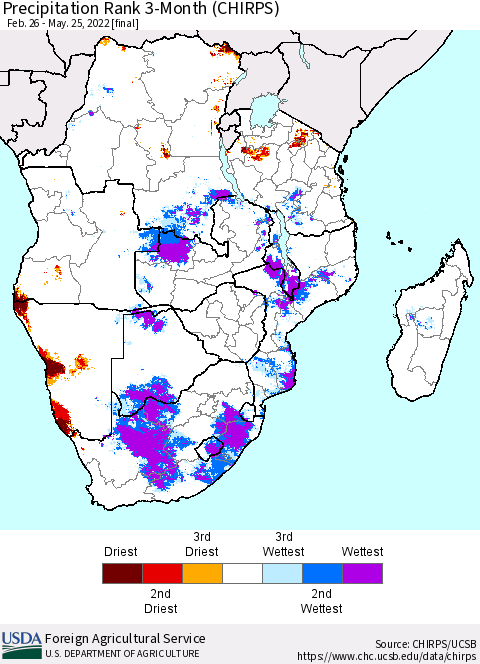 Southern Africa Precipitation Rank since 1981, 3-Month (CHIRPS) Thematic Map For 2/26/2022 - 5/25/2022