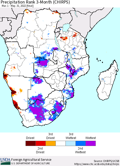Southern Africa Precipitation Rank since 1981, 3-Month (CHIRPS) Thematic Map For 3/1/2022 - 5/31/2022