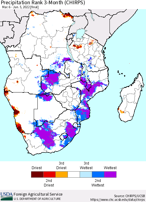 Southern Africa Precipitation Rank since 1981, 3-Month (CHIRPS) Thematic Map For 3/6/2022 - 6/5/2022