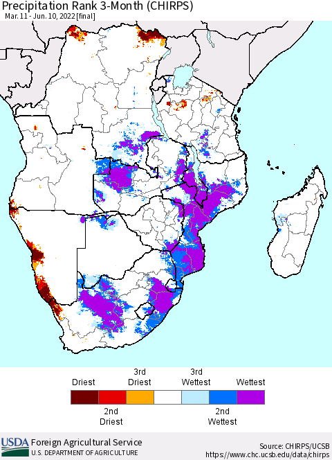 Southern Africa Precipitation Rank since 1981, 3-Month (CHIRPS) Thematic Map For 3/11/2022 - 6/10/2022
