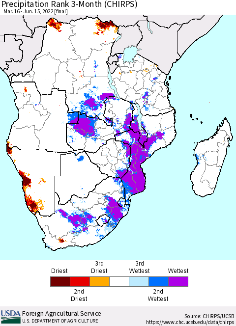 Southern Africa Precipitation Rank since 1981, 3-Month (CHIRPS) Thematic Map For 3/16/2022 - 6/15/2022