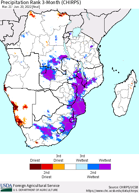 Southern Africa Precipitation Rank since 1981, 3-Month (CHIRPS) Thematic Map For 3/21/2022 - 6/20/2022