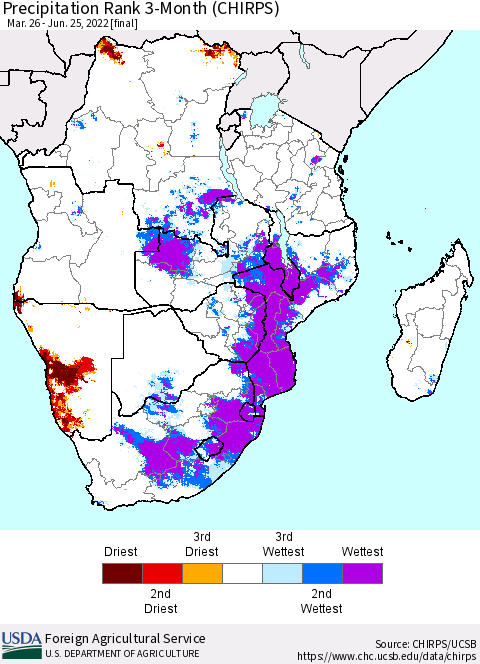 Southern Africa Precipitation Rank since 1981, 3-Month (CHIRPS) Thematic Map For 3/26/2022 - 6/25/2022