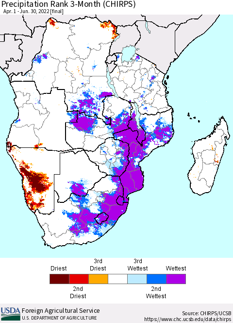 Southern Africa Precipitation Rank since 1981, 3-Month (CHIRPS) Thematic Map For 4/1/2022 - 6/30/2022